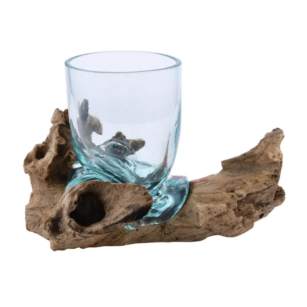 Designer Inspired Artisan Commissioned Bali Handblown Molten Drinking Glass with Wood Base