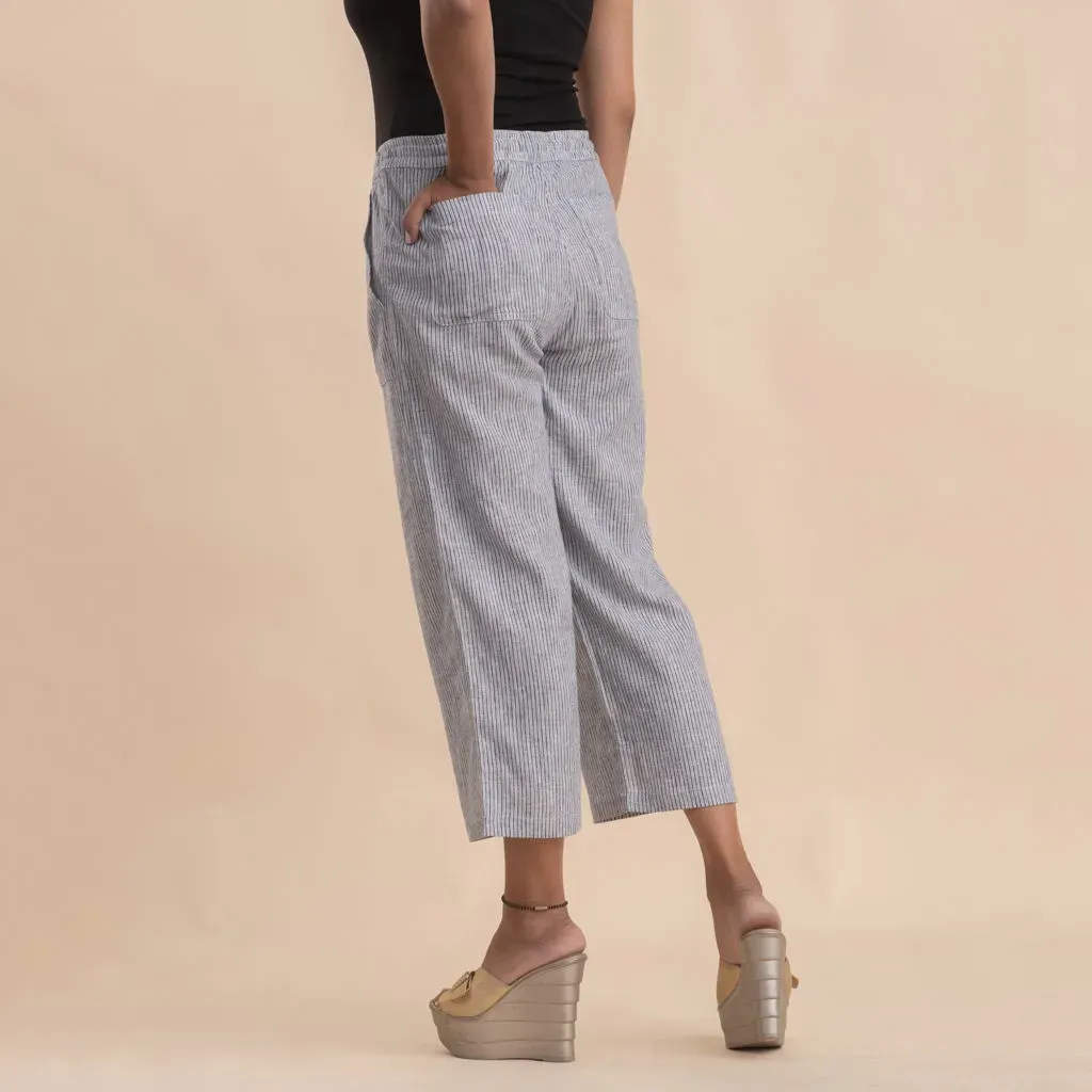 JOVIE Pinstripe Gray Linen Wide Leg Capri with Drawstring
