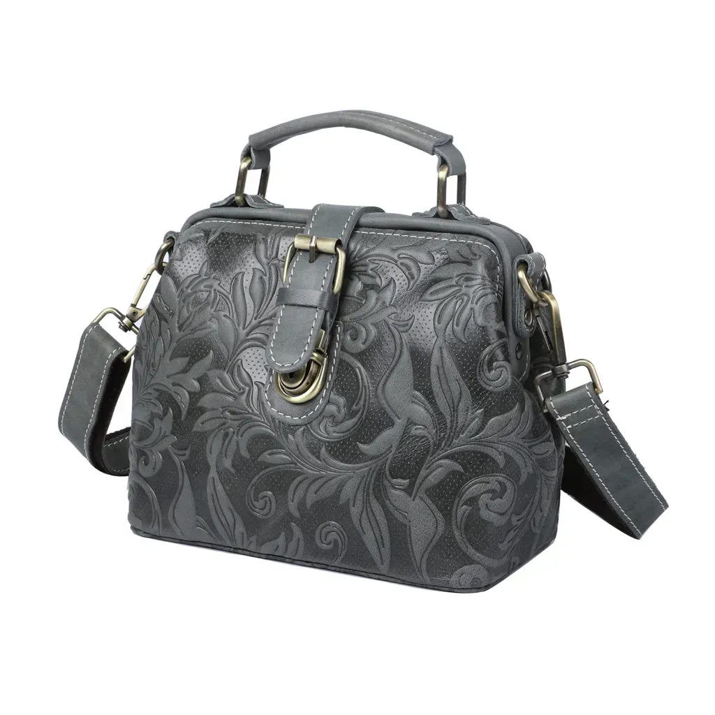 Genuine Leather Leaves Embossed Pattern Crossbody Bag with Handle Drop and Shoulder Strap