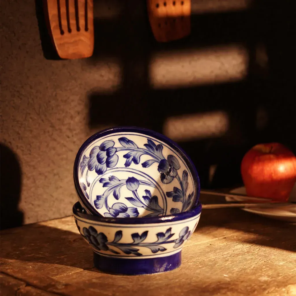 Blue Art Pottery Handmade Blue Floral and Leaf Pattern Crafted Ceramic Bowl - Set of 2