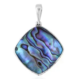 Square abalone pendant necklace on white background.