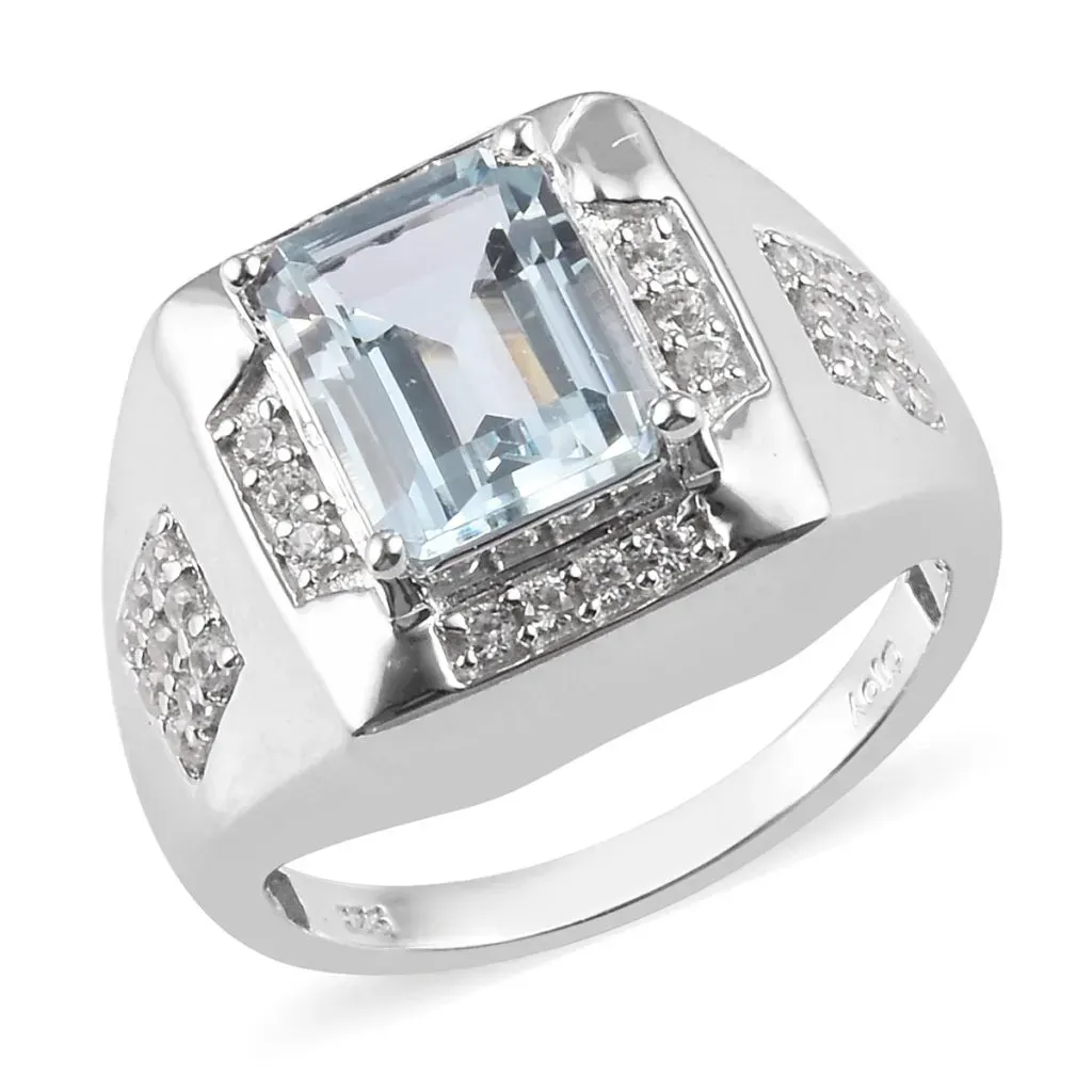 Silver blue gem men's ring. 