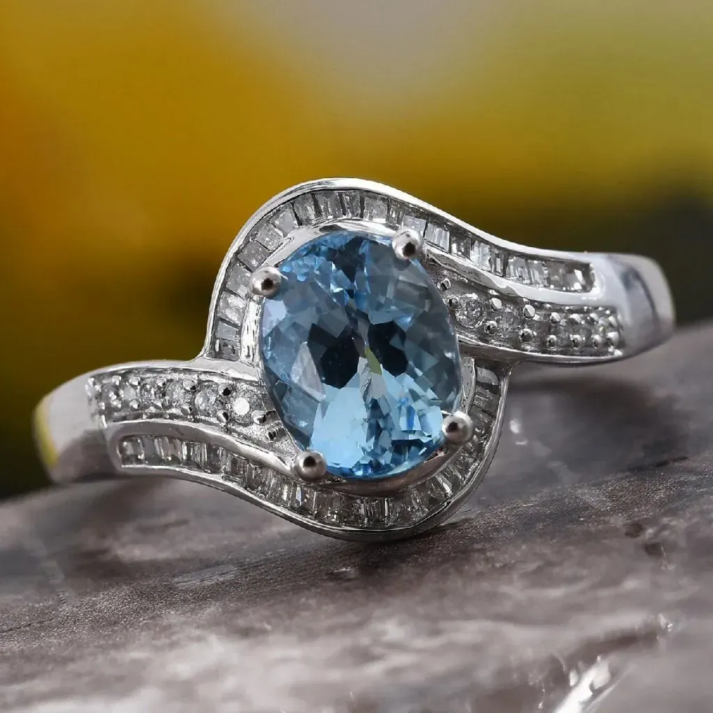Santa Maria Aquamarine, Diamond Ring in 14K White Gold