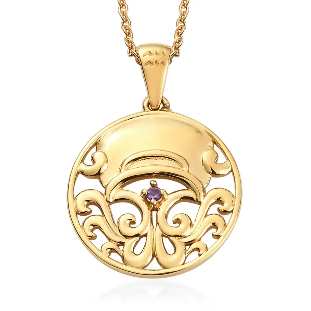 KARIS Amethyst Aquarius Zodiac Pendant Necklace 20 Inches in ION Plated 18K YG and ION Plated YG Stainless Steel