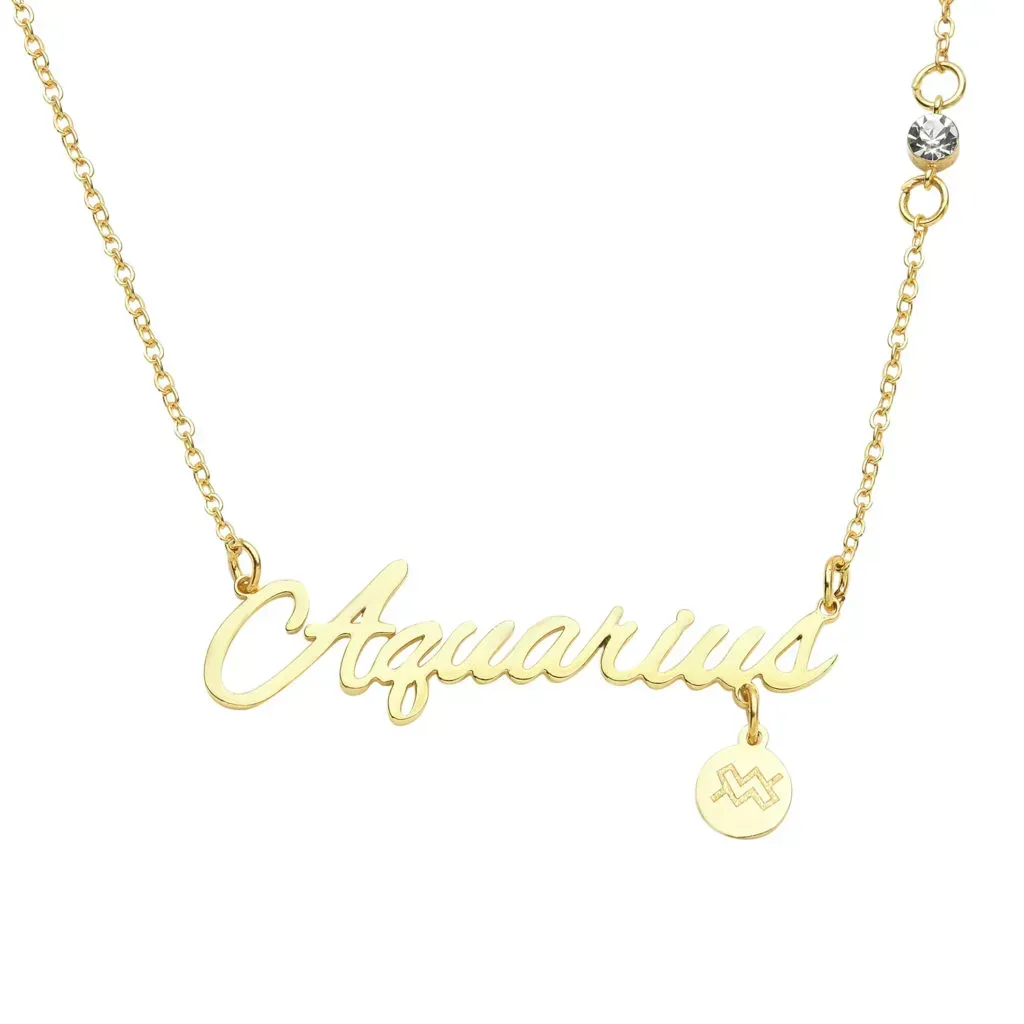 Austrian Crystal Aquarius Zodiac Necklace 20 Inches in Goldtone and ION Plated Yellow Gold Stainless Steel