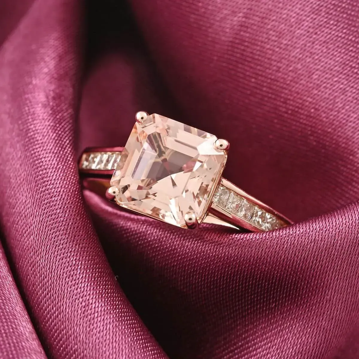 Certified and Appraised Luxoro 14K Rose Gold Asscher Cut AAA Marropino Morganite and G-H I2 Diamond Ring