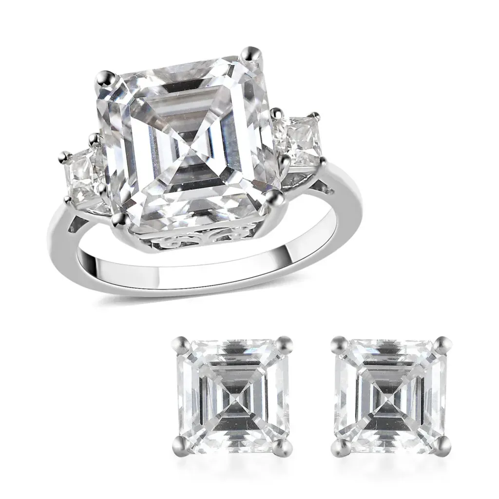 Asscher Cut Moissanite Ring and Earrings in Platinum Over Sterling Silver