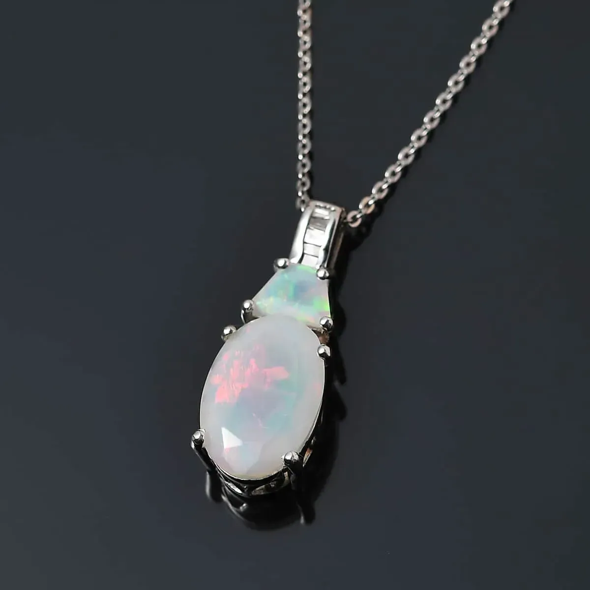 Premium Ethiopian Welo Opal and Natural Champagne Diamond Pendant Necklace 20 Inches in Platinum Over Sterling Silver 