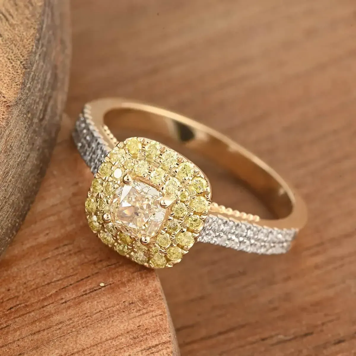 14K Yellow Gold Natural Yellow and White Diamond Ring 