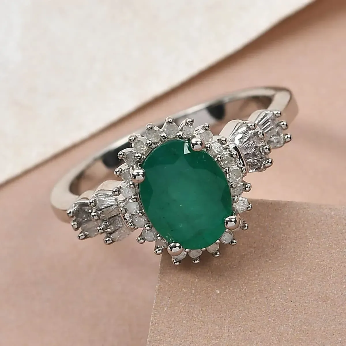 AAA Kagem Zambian Emerald and Diamond Ballerina Halo Ring in Platinum Over Sterling Silver 