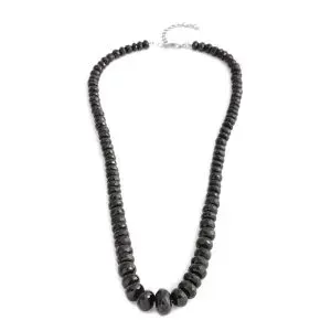 Black spinel bead necklace on white background.