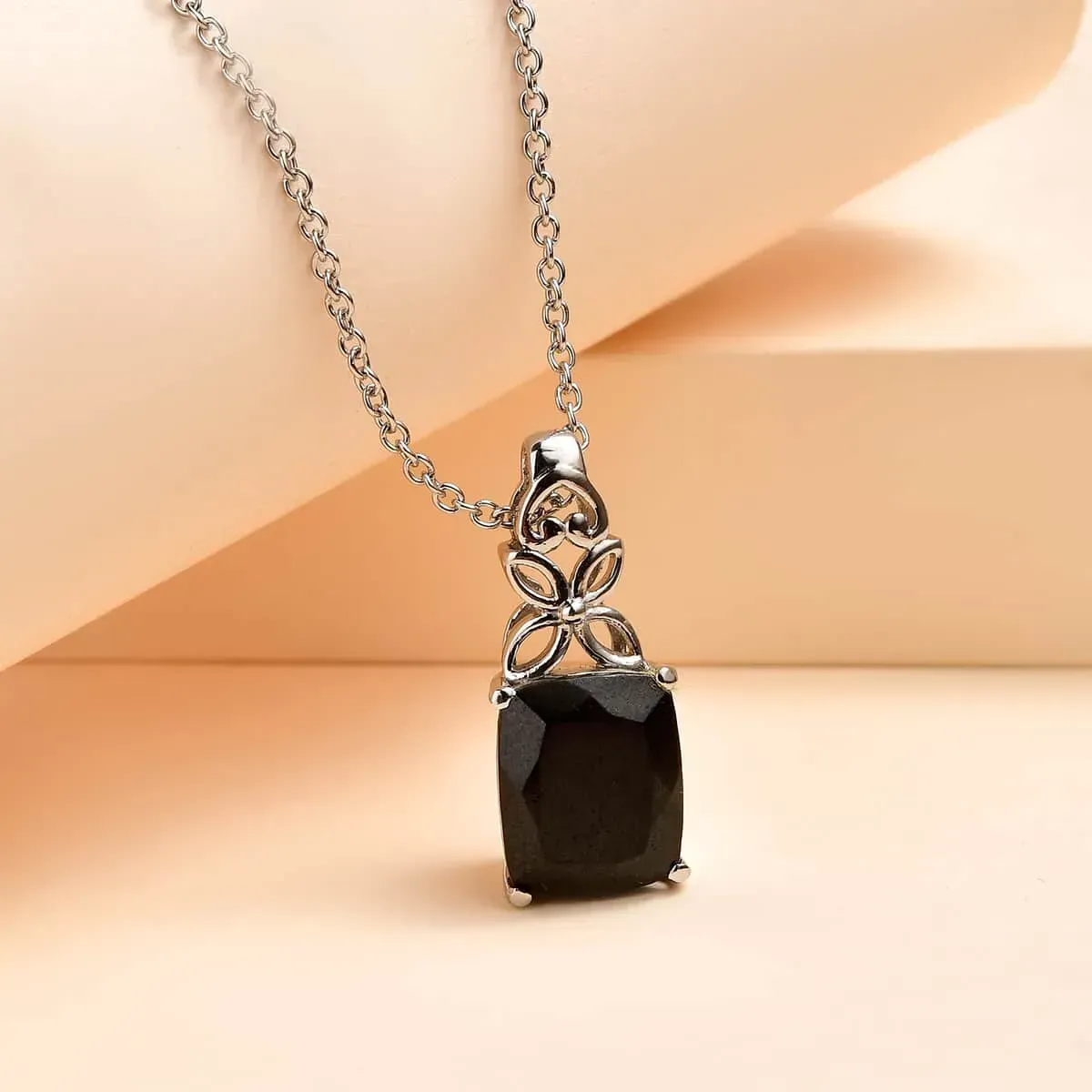 Black Tourmaline Solitaire Pendant Necklace (20 Inches) in Stainless Steel 5.85 ctw , Tarnish-Free, Waterproof, Sweat Proof Jewelry displayed against a cream background.