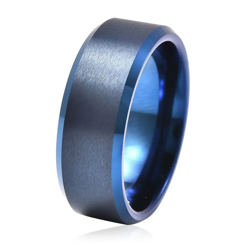Blue tungsten band ring with brushed finish. 