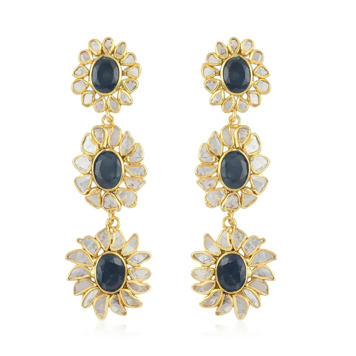 Artisan Crafted Blue Sapphire, Diamond Floral Earrings in 14K YG Over Sterling Silver