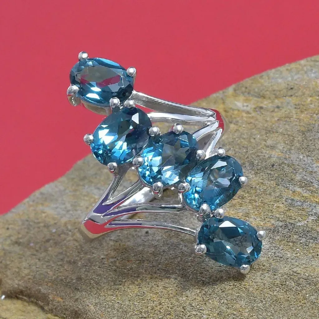 London Blue Topaz 5 Stone Ring in Platinum Over Sterling Silver