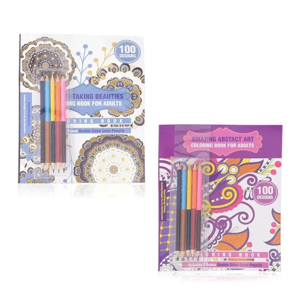 Set of 2 100 Design Stress Relieving Pattern Coloring Books with 5 Double Sided Color Pencils