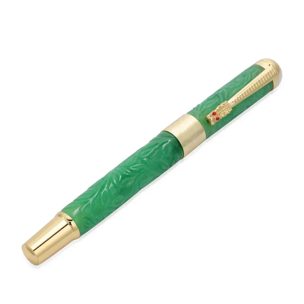 Hand Carved Green Jade Carved Leaf Fountain Pen in Goldtone