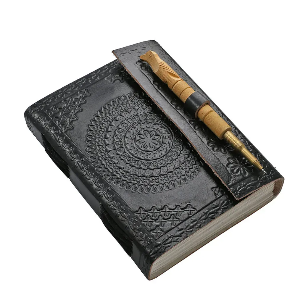 Handmade Black Paper Notebook with Floral Embossed Genuine Leather Cover and Wooden Pen