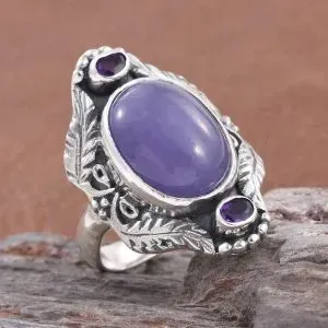 Artisan crafted purple jade statement ring in sterling silver with amethyst accents.