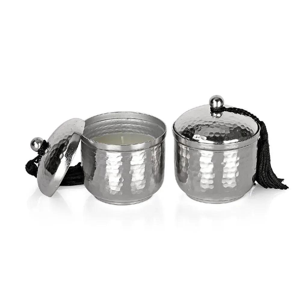 Value Buy Set of 2 Small Hammered Silvertone Wick Candle with Tassel Lids