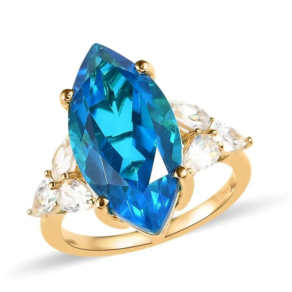 Caribbean Quartz (Triplet) and White Zircon Ring in Vermeil Yellow Gold Over Sterling Silver
