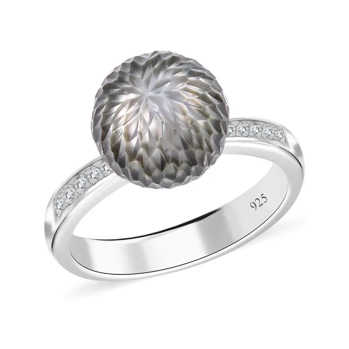 Tahitian Cultured Pearl Carved and Diamond Ring in Rhodium Over Sterling Silver on white background. 