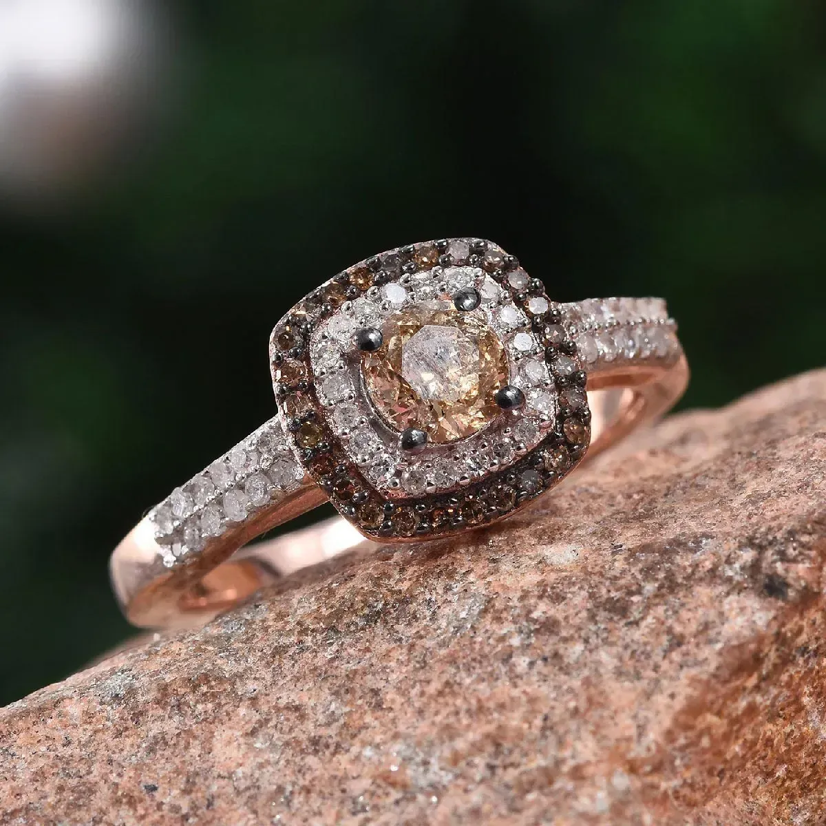 Natural Champagne Diamond, Diamond Ring in Rhodium & Vermeil RG Over Sterling Silver
