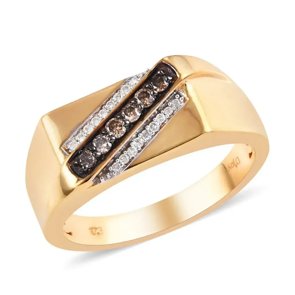 Natural Champagne Diamond and Diamond Men's Ring in Vermeil Yellow Gold Over Sterling Silver