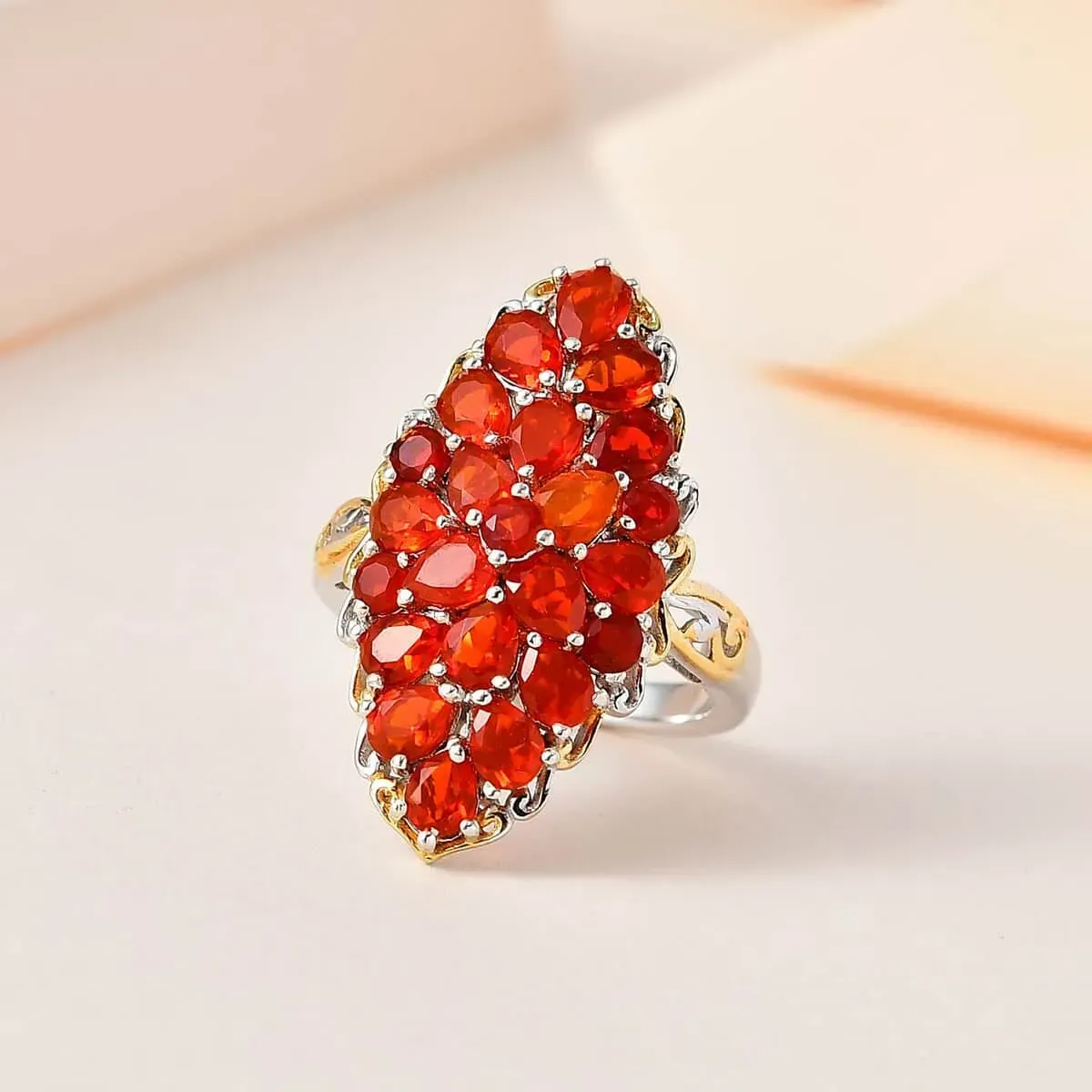 Mexican Cherry Fire Opal Elongated Ring in Vermeil YG and Platinum Over Sterling Silver 