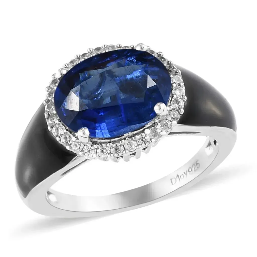 Kashmir Kyanite and Natural White Zircon, Black Enameled Chunky Ring in Platinum Over Sterling Silver 4.85 ctw