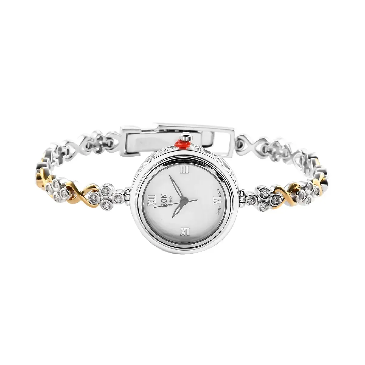 EON 1962 Swiss Movement Moissanite VS-EF Bracelet Watch in 14K Yellow Gold & Platinum Over Sterling Silver and Stainless Steel 1.25 ctw