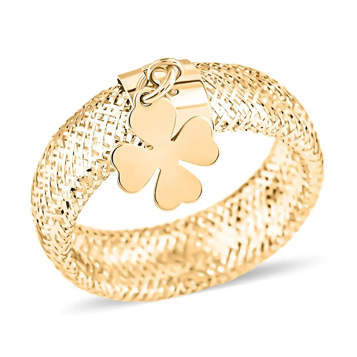 Maestro Gold Collection Italian 10K Yellow Gold Stretch Lucky Charm Ring With Clover Charm