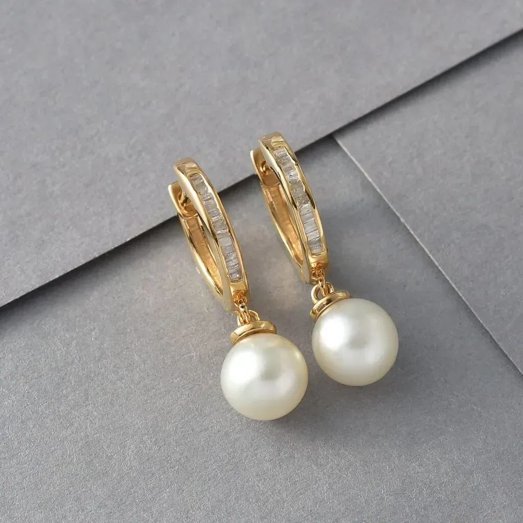 South Sea Golden Cultured Pearl and Diamond Dangling Earrings in Vermeil Yellow Gold Over Sterling Silver 
