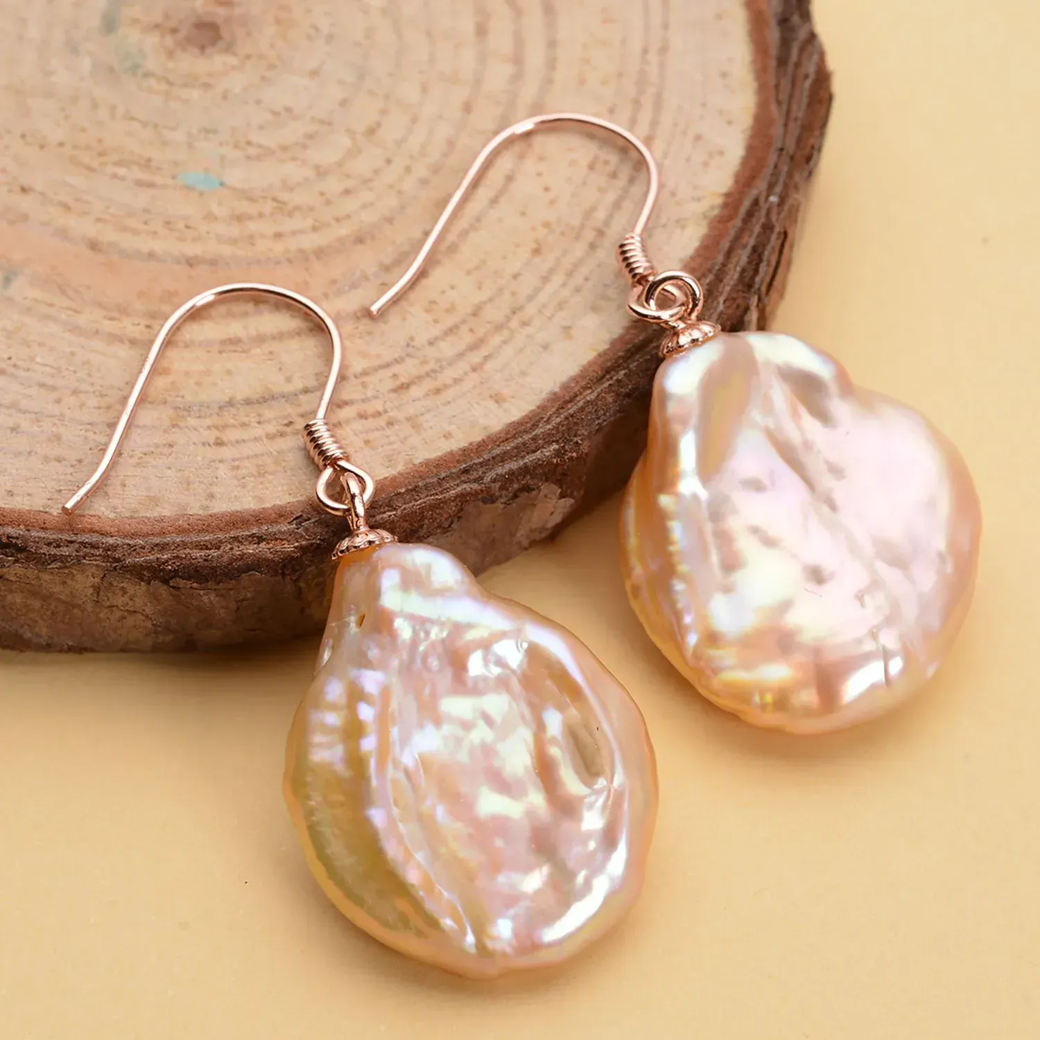 Peach Keshi Pearl Earrings in 14K Rose Gold Over Sterling Silver
