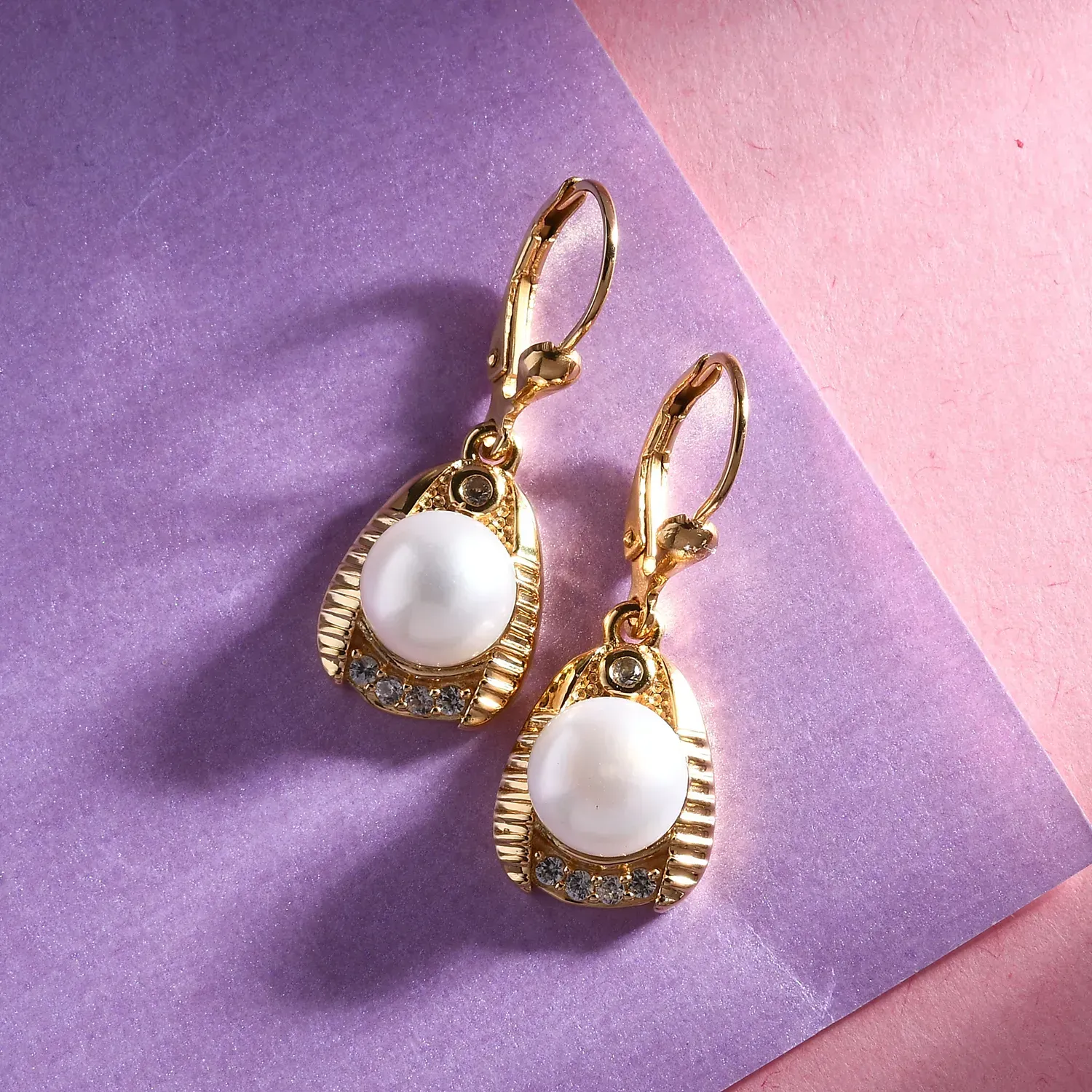 Freshwater Pearl and Natural White Zircon Earrings in Vermeil Yellow Gold Over Sterling Silver