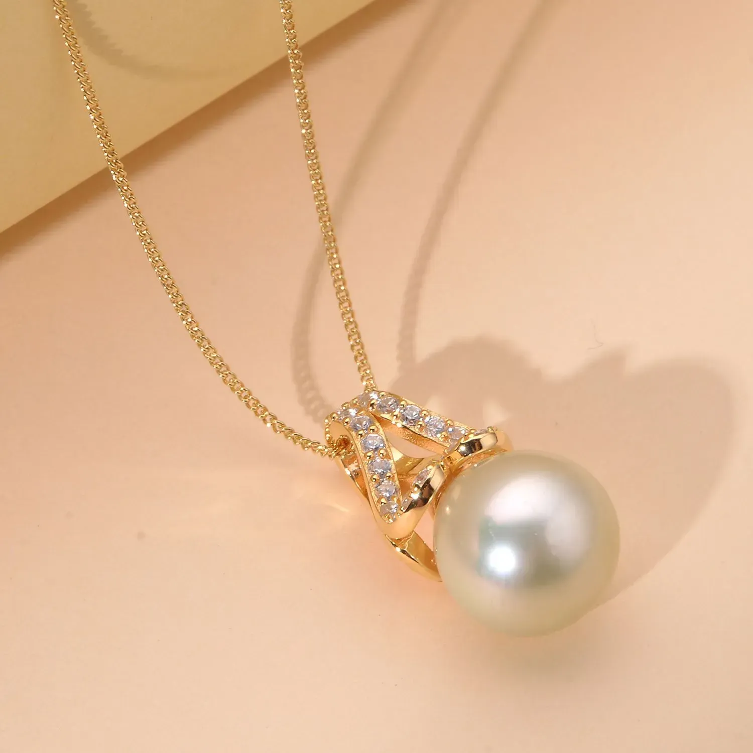 South Sea Golden Cultured Pearl and Natural White Zircon Pendant Necklace 18 Inches in Vermeil Yellow Gold Over Sterling Silver