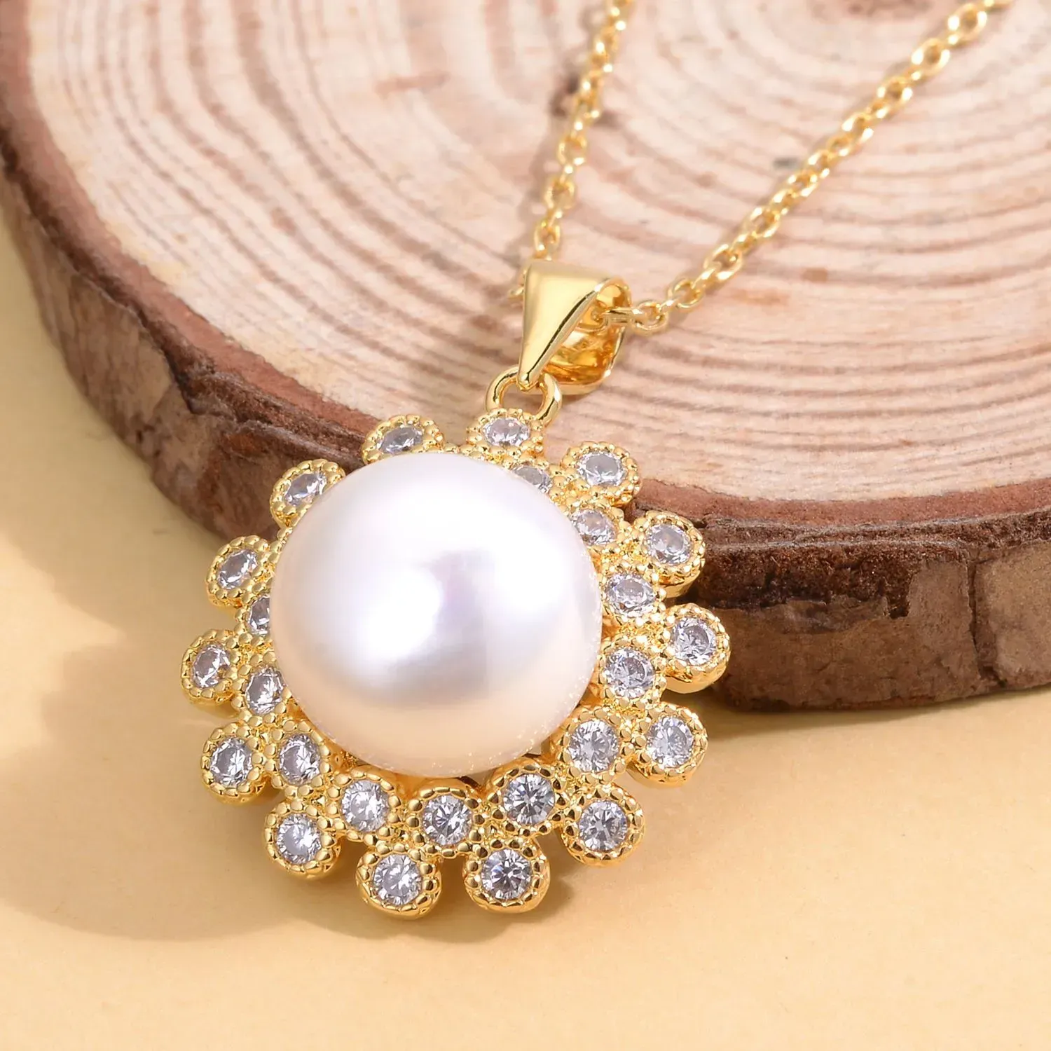 Freshwater Pearl 11-12mm and Austrian Crystal Floral Pendant Necklace 18 Inches in Goldtone & ION Plated YG Stainless Steel