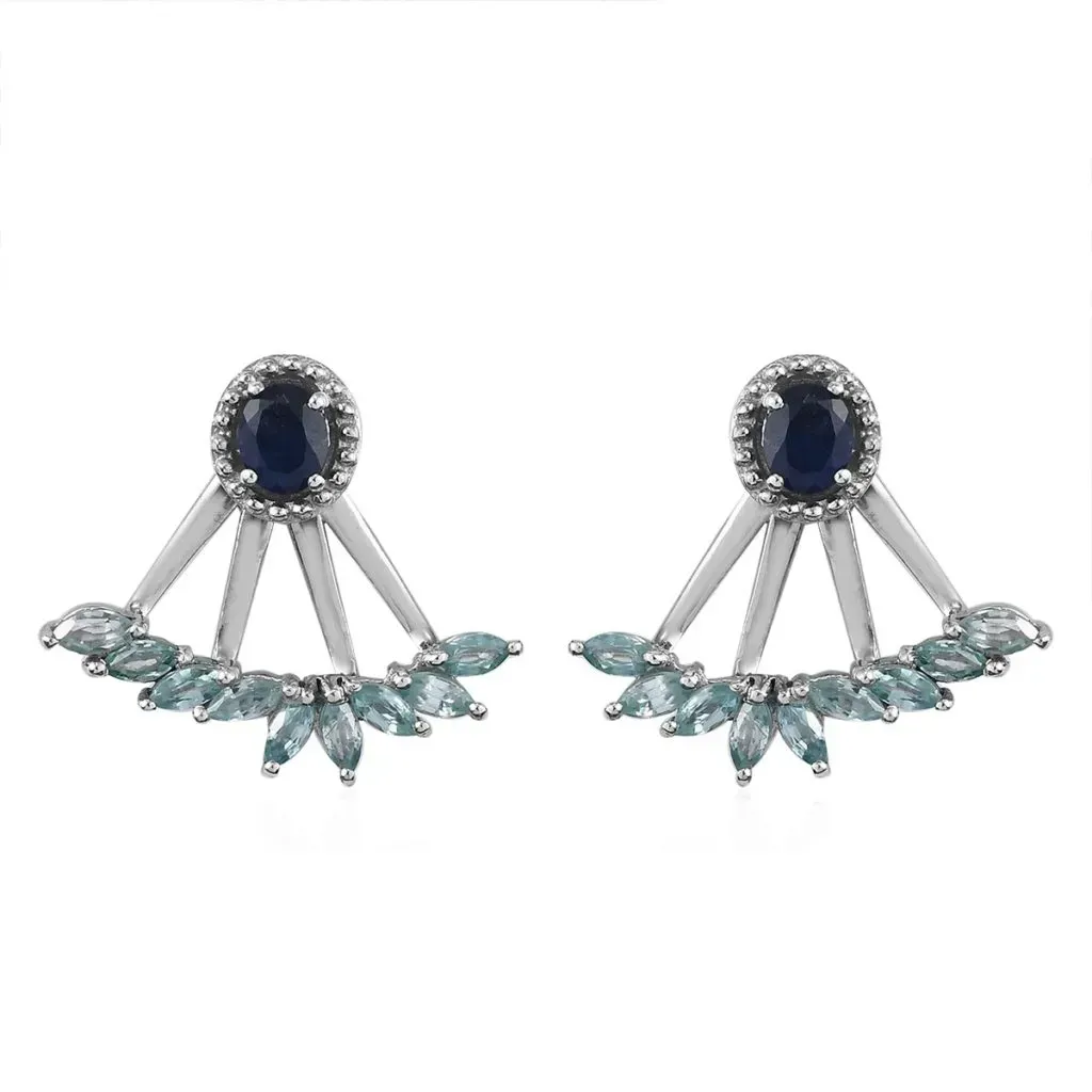 Masoala Sapphire and Cambodian Blue Zircon Earrings in Platinum Over Sterling Silver