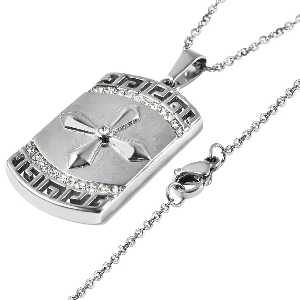 Stainless steel dog tag pendant necklace with Austrian crystal accents. 