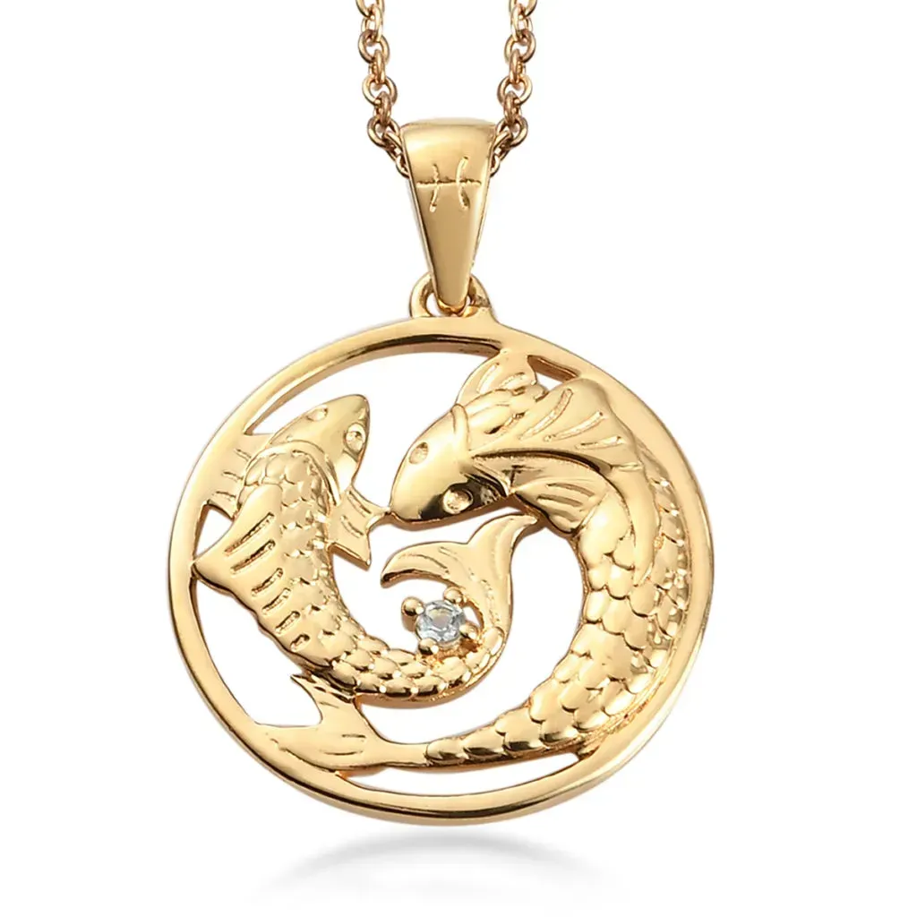 KARIS Espirito Santo Aquamarine Pisces Zodiac Pendant Necklace 20 Inches in ION Plated 18K YG and ION Plated YG Stainless Steel
