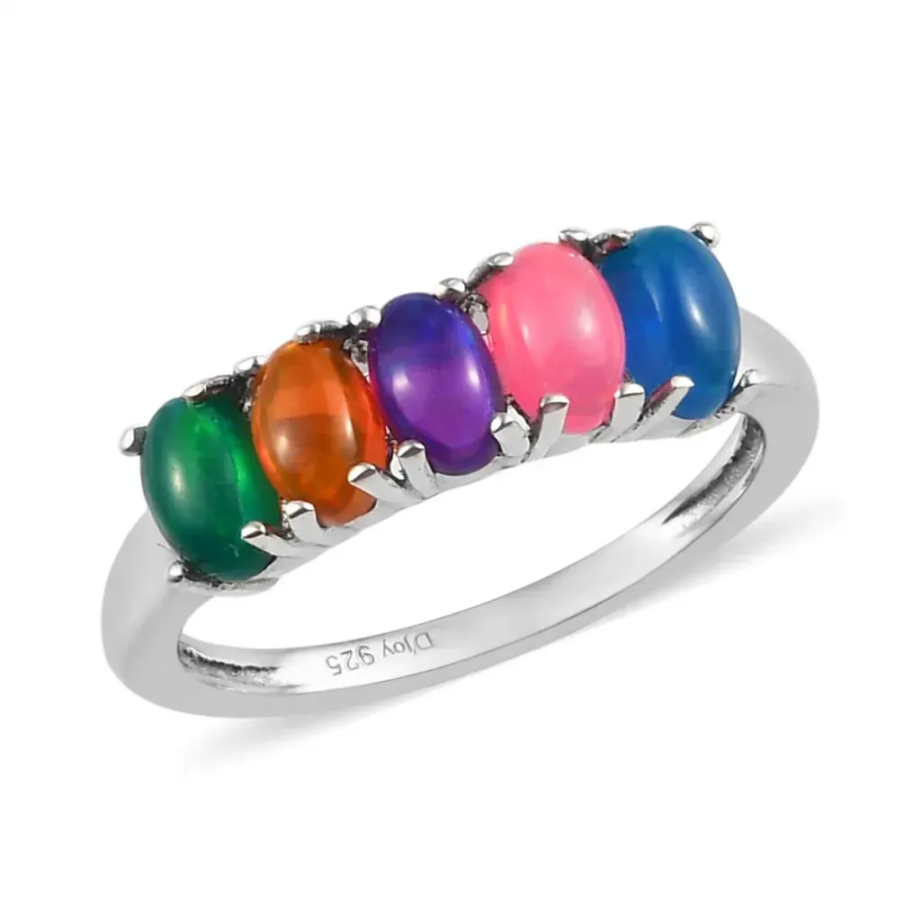 Multi Welo Opal 5 Stone Ring in Platinum Over Sterling Silver 0.80 ctw