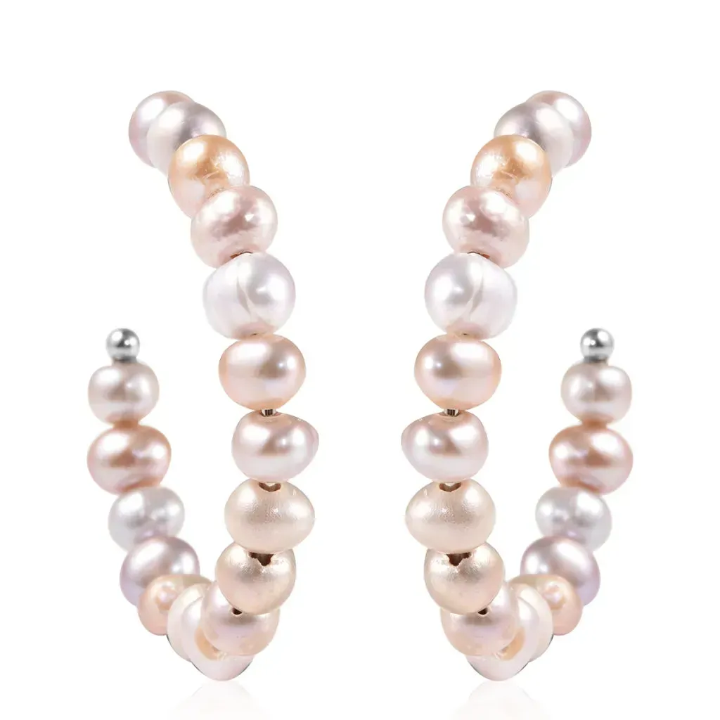 Purple Freshwater Pearl Half Hoop Earrings in Stainless Steel
