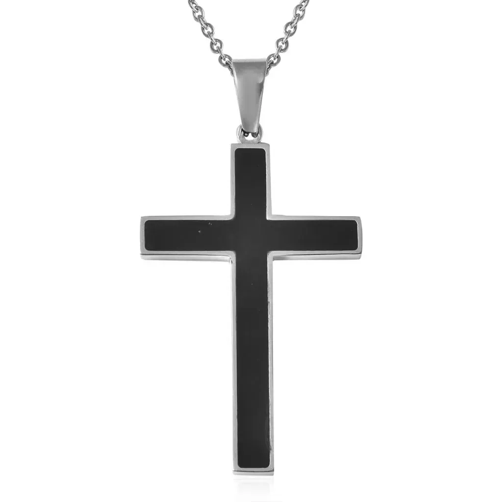 Constituted Shungite Inlay Cross Pendant Necklace 24 Inches in Stainless Steel 0.20 ctw