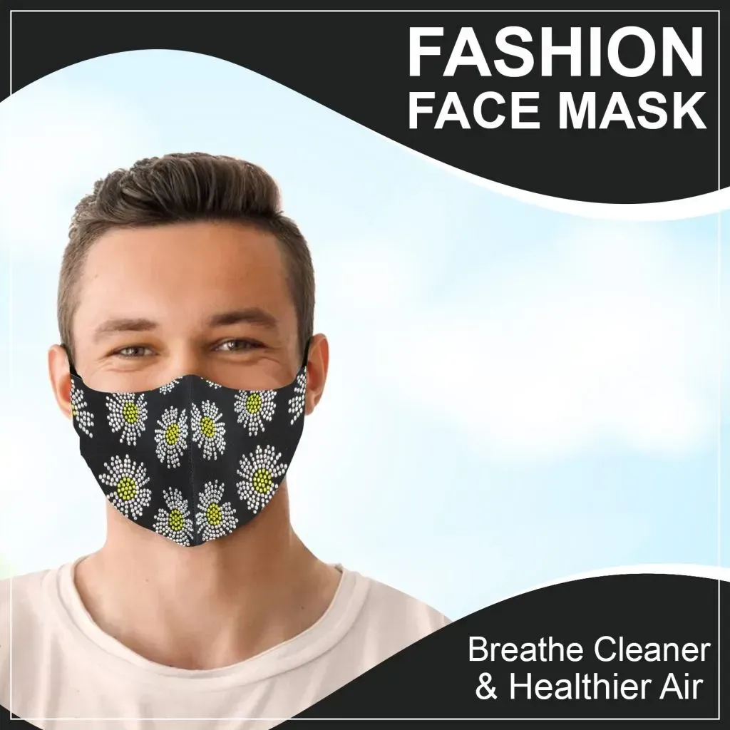 Man wearing daisy pattern face mask.