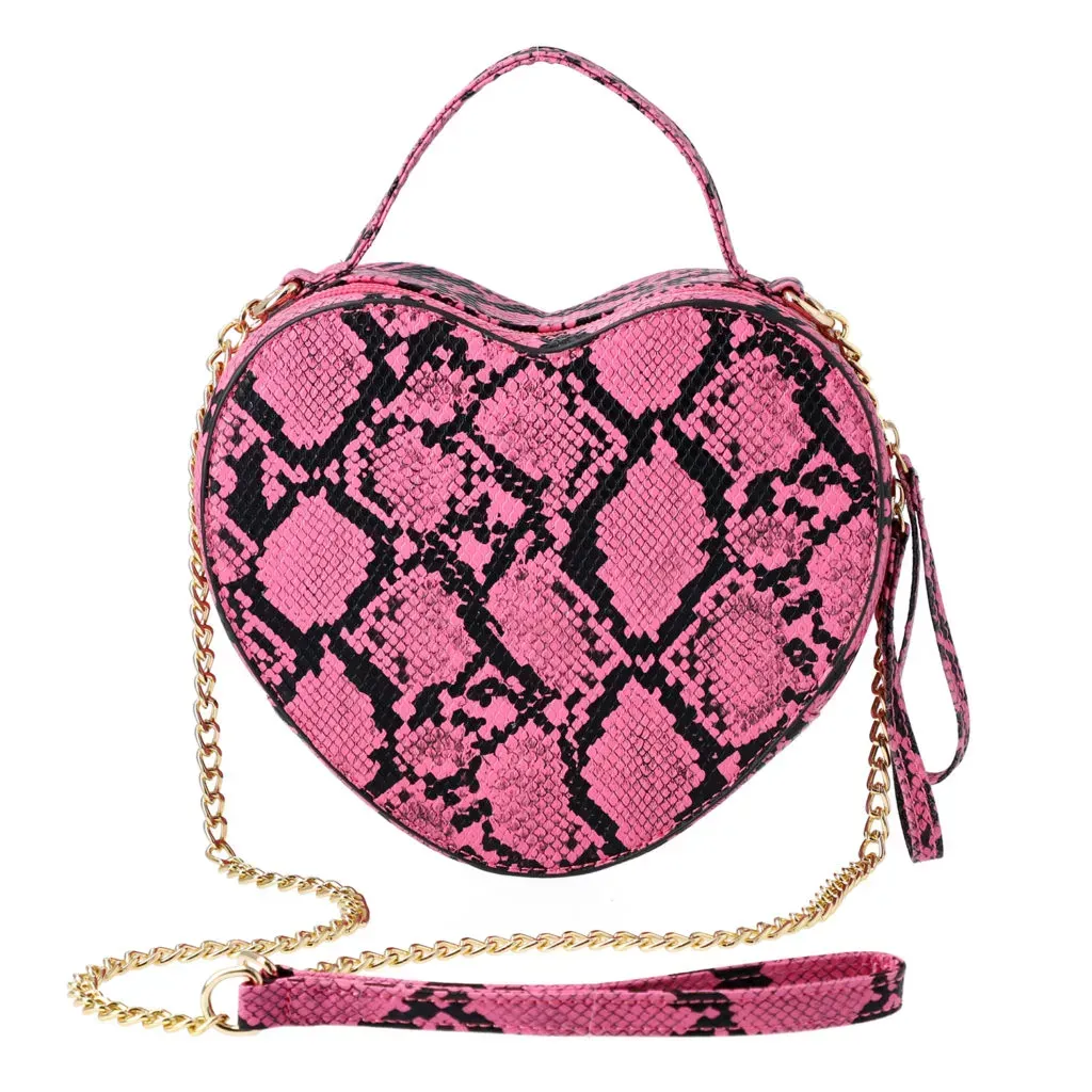 Peach Snakeskin Patten Faux Leather Heart Shape Crossbody Bag