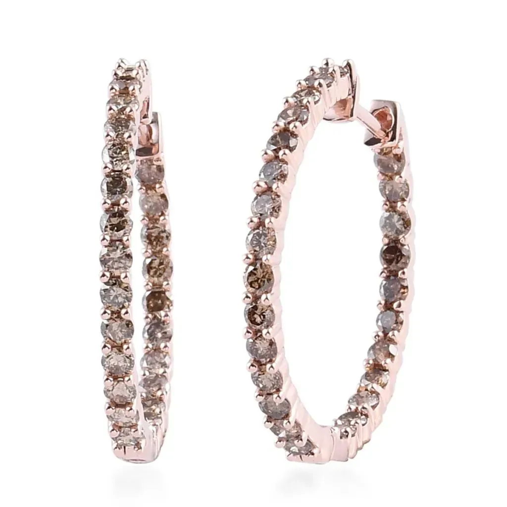 2.00 ctw Natural Champagne Diamond Inside Out Hoop Earrings in 10K Rose Gold