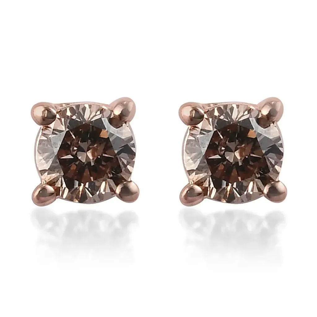 0.25 ctw Natural Champagne Diamond Solitaire Stud Earrings in Vermeil RG Over Sterling Silver