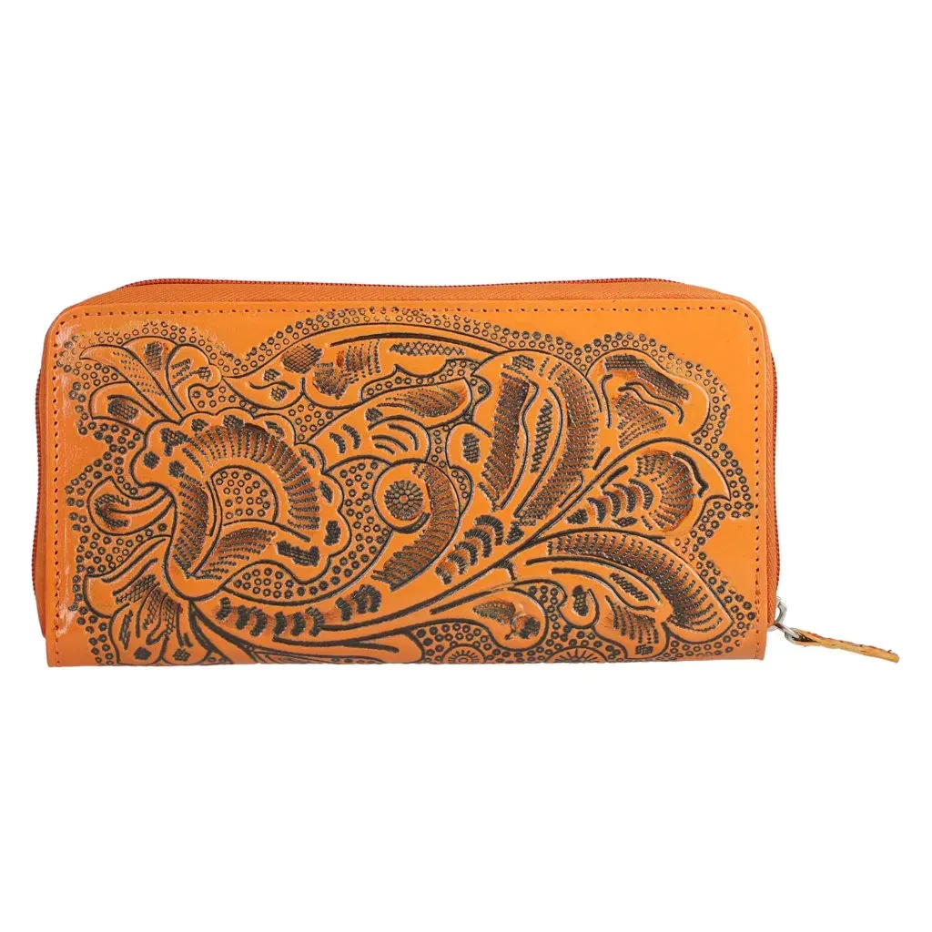 Handcrafted Cognac Embossed Genuine Leather RFID Protected Women's Zip Around Wallet