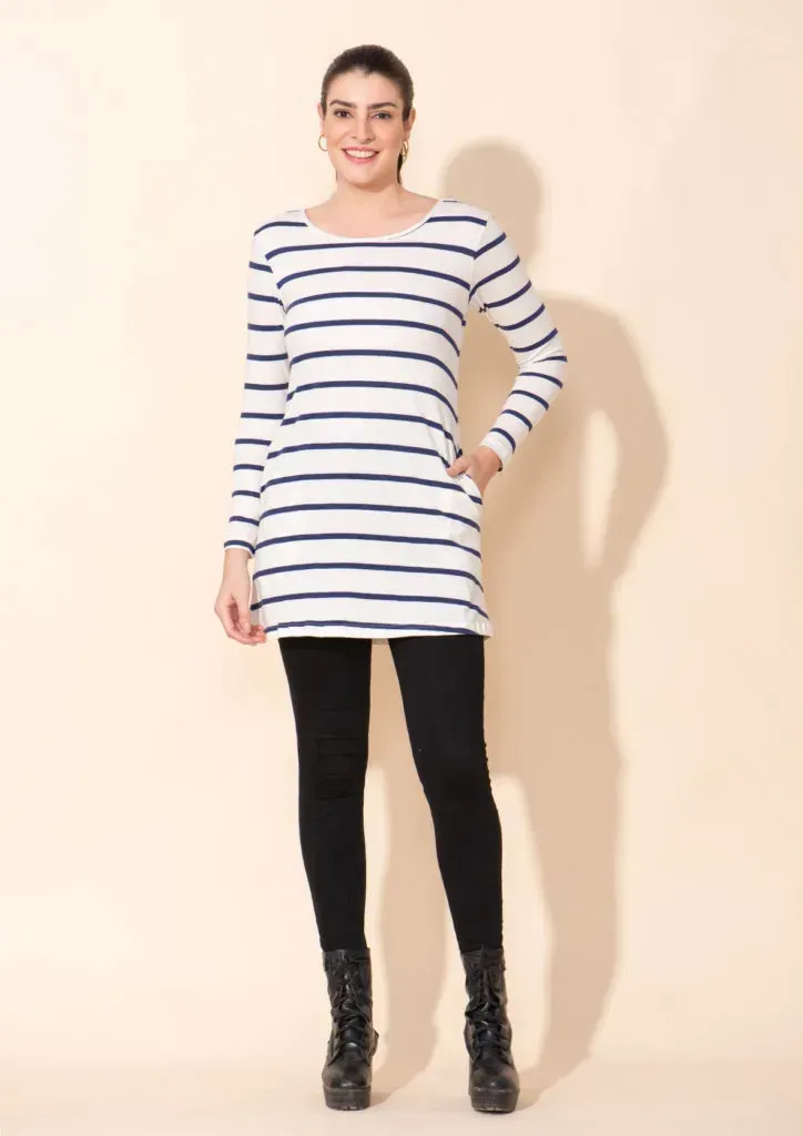 TAMSY White Stripe Pattern Cotton and Lycra Knitted Ladies Top - M