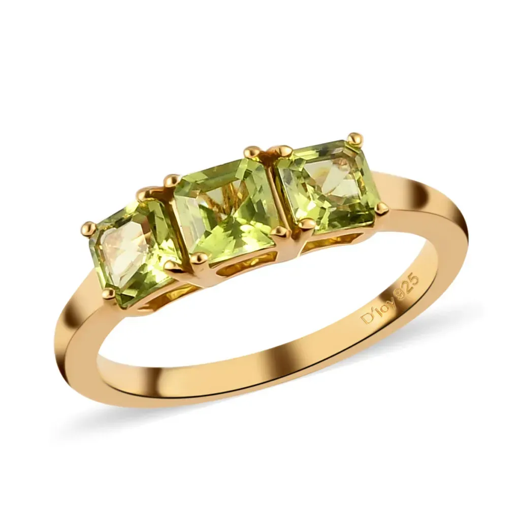 AMERICAN Natural Arizona Peridot 3 Stone Ring in Vermeil Yellow Gold Over Sterling Silver 1.10 ctw